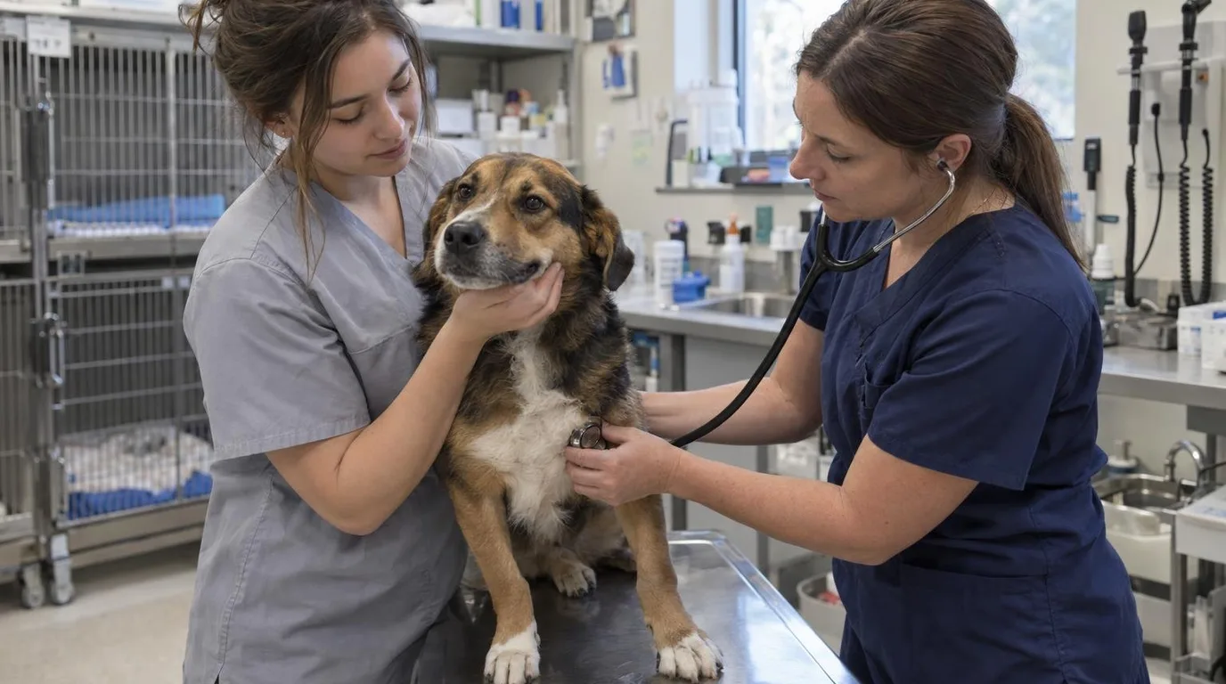 A veterinary assistant in gray scrubs holds a brown and black mixed-breed dog steady on a stainless steel exam table while a veterinary technician in navy scrubs listens to its chest with a stethoscope.