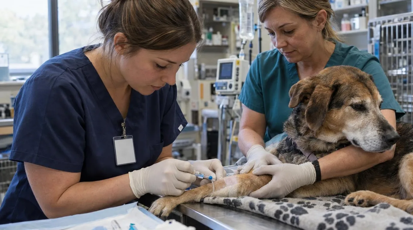 A veterinary technician student in navy scrubs places an IV catheter in an older shepherd mix's front leg while a credentialed technician in teal scrubs holds the dog and watches her technique.
