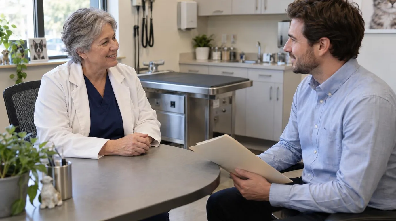 A gray-haired practice owner in navy scrubs and a white coat talks with a veterinarian candidate in a light blue shirt across a consult table in an exam room.
