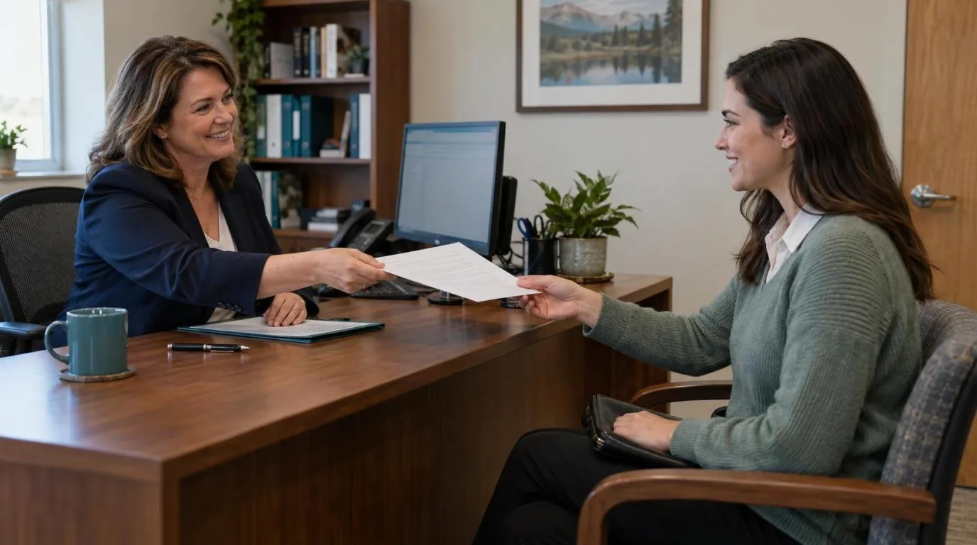 A practice manager in a navy blazer hands a job offer letter across her desk to a veterinary technician candidate in a green sweater.