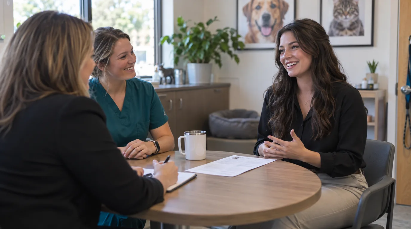A candidate talks with a practice manager and a veterinary technician in teal scrubs across a small table in a clinic office.