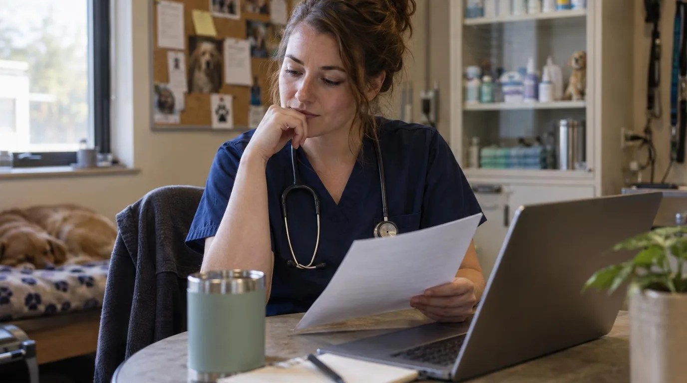 A veterinary technician in navy scrubs with a stethoscope around her neck reads a printed resume at a break room table next to a laptop, with a supply cabinet and a staff corkboard behind her.