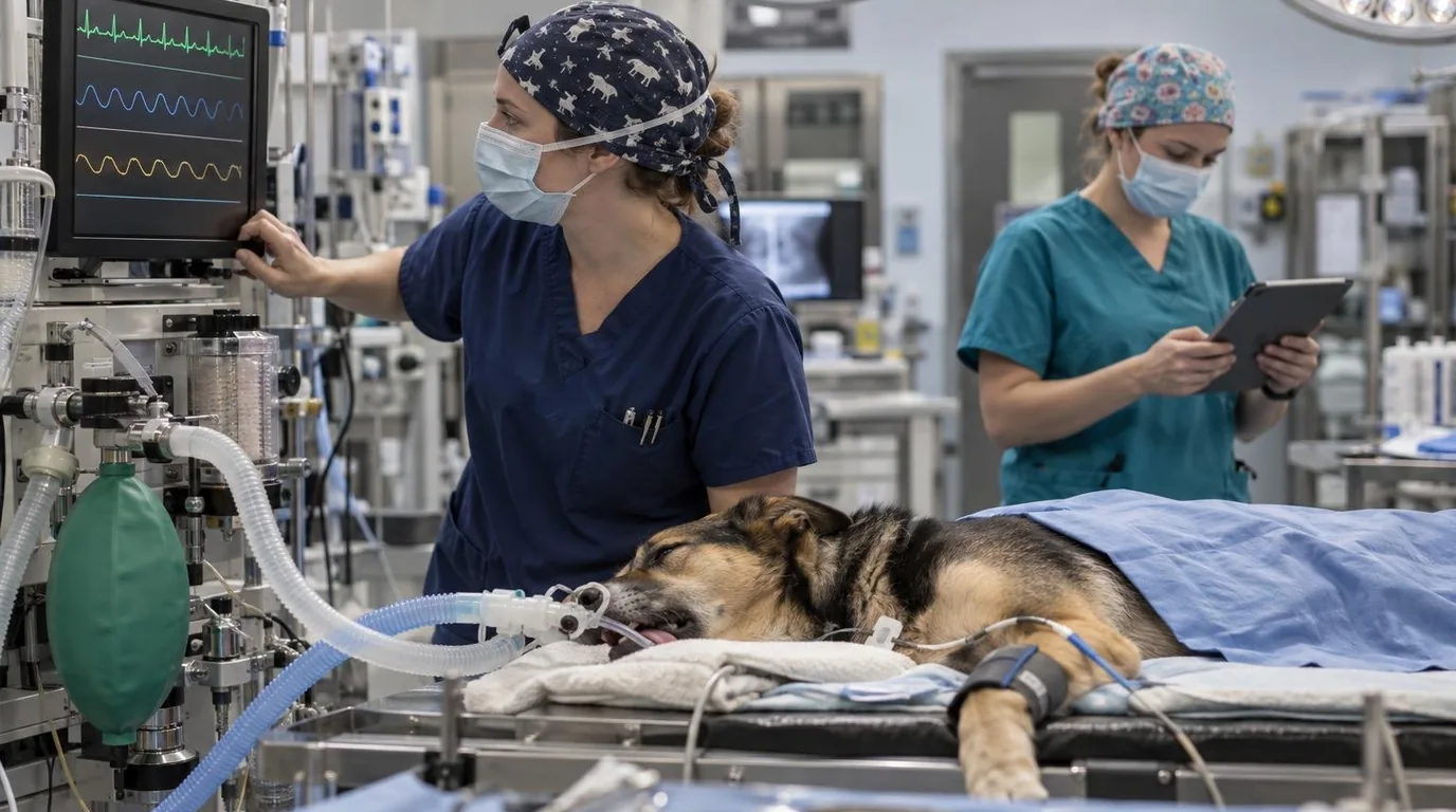 In an operating room, a veterinary technician in navy scrubs adjusts an anesthesia monitor beside an intubated German shepherd wearing a blood pressure cuff, while a second tech in teal scrubs reviews notes on a tablet.