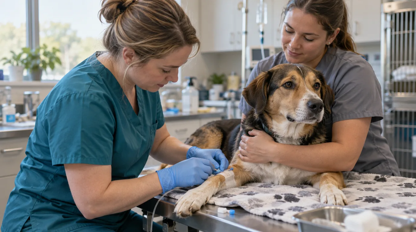 A veterinary technician in teal scrubs places an IV catheter in a dog's front leg while a veterinary assistant in gray scrubs holds the dog.