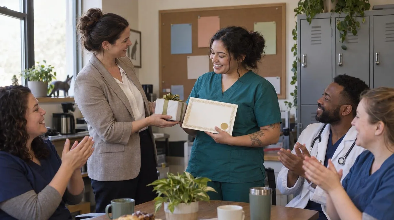 A practice manager in a tan blazer hands a wrapped gift and a blank certificate to a smiling veterinary technician in teal scrubs while a veterinarian and two colleagues applaud around a break room table with coffee mugs and pastries.