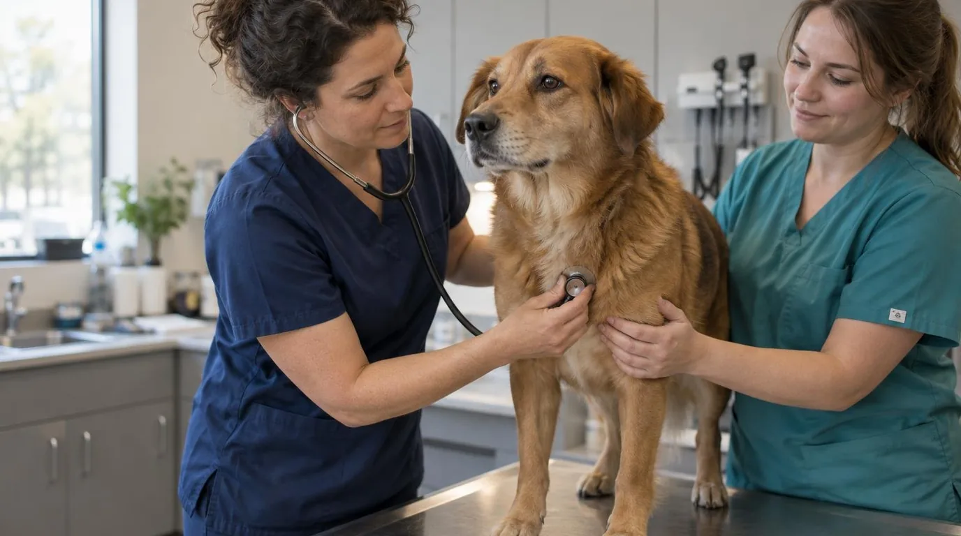 A veterinarian in navy scrubs listens to the chest of a golden-brown mixed-breed dog on a stainless steel exam table while a veterinary technician in teal scrubs steadies the dog.