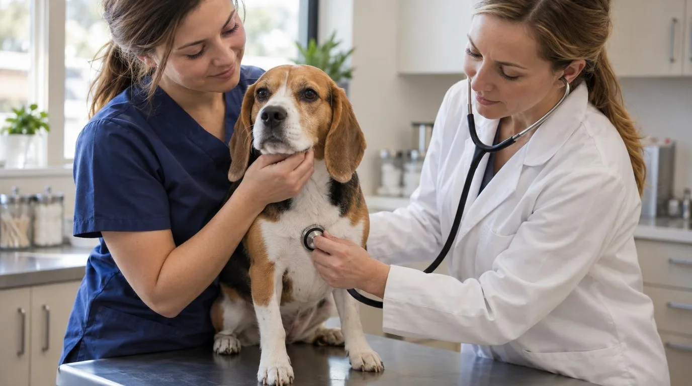 A veterinary assistant in navy scrubs steadies a beagle sitting on a stainless steel exam table while a veterinarian in a white coat listens to its chest with a stethoscope.