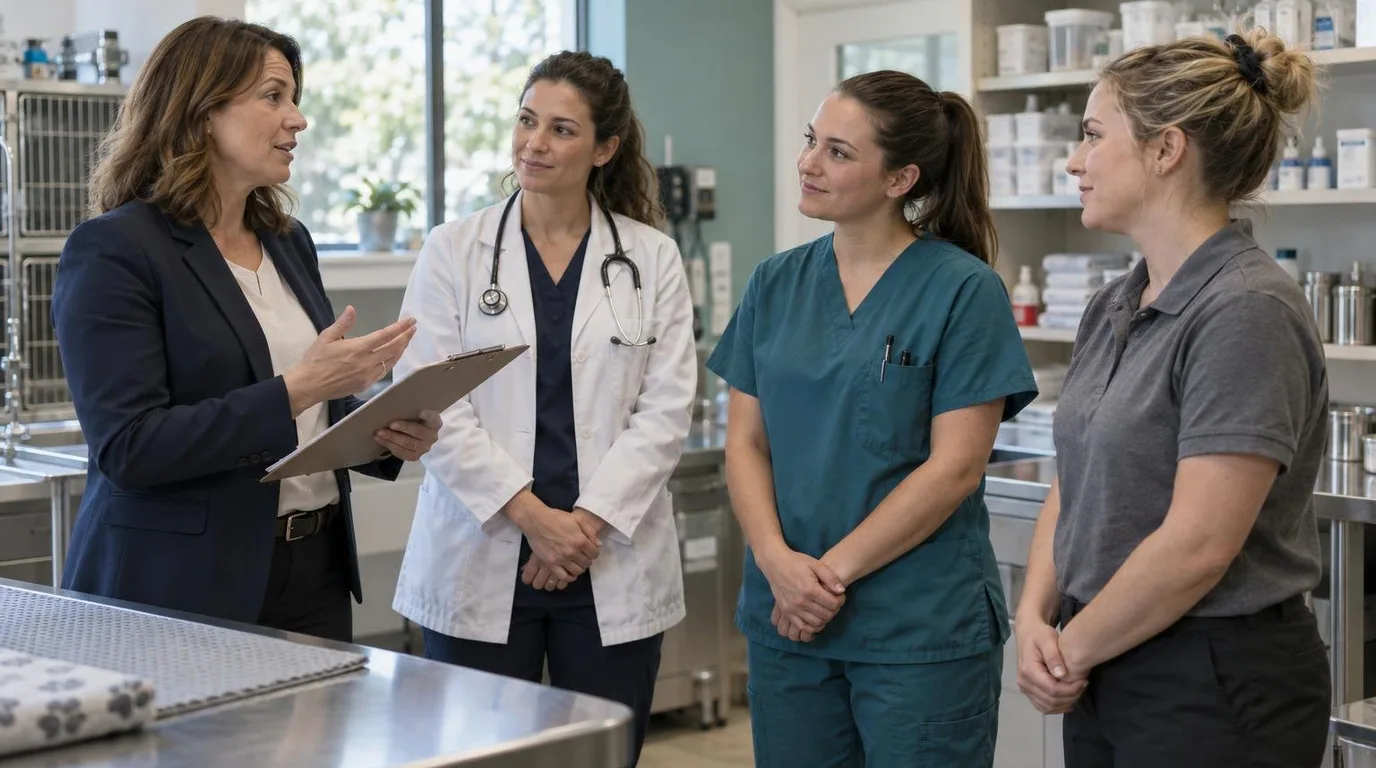 A veterinary practice manager in a navy blazer holds a clipboard and leads a morning huddle with a veterinarian in a white coat, a technician in teal scrubs, and a receptionist in a gray polo beside a stainless steel exam table.