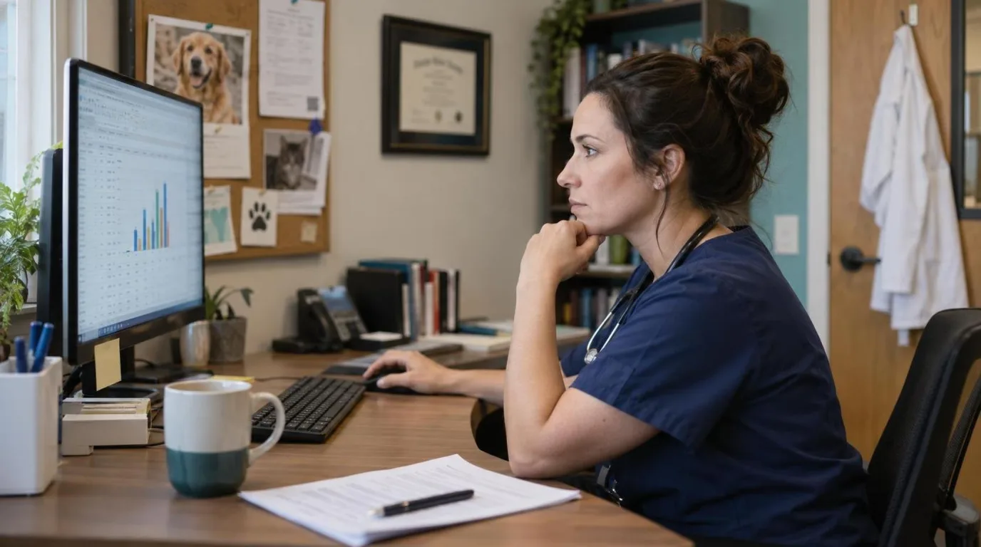 A veterinarian in navy scrubs studies a spreadsheet and bar chart on her desktop monitor in a clinic office, with a printed contract and pen on the desk.