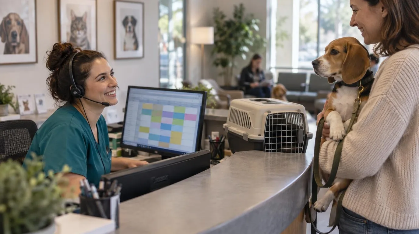 A veterinary receptionist in teal scrubs and a phone headset smiles at a client holding a beagle across a curved clinic front desk, with a cat carrier on the counter and an appointment calendar on the monitor.