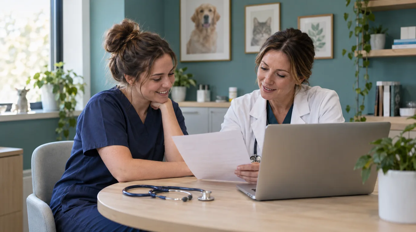 A veterinary technician and a veterinarian reviewing a document together at a desk in a clinic office.