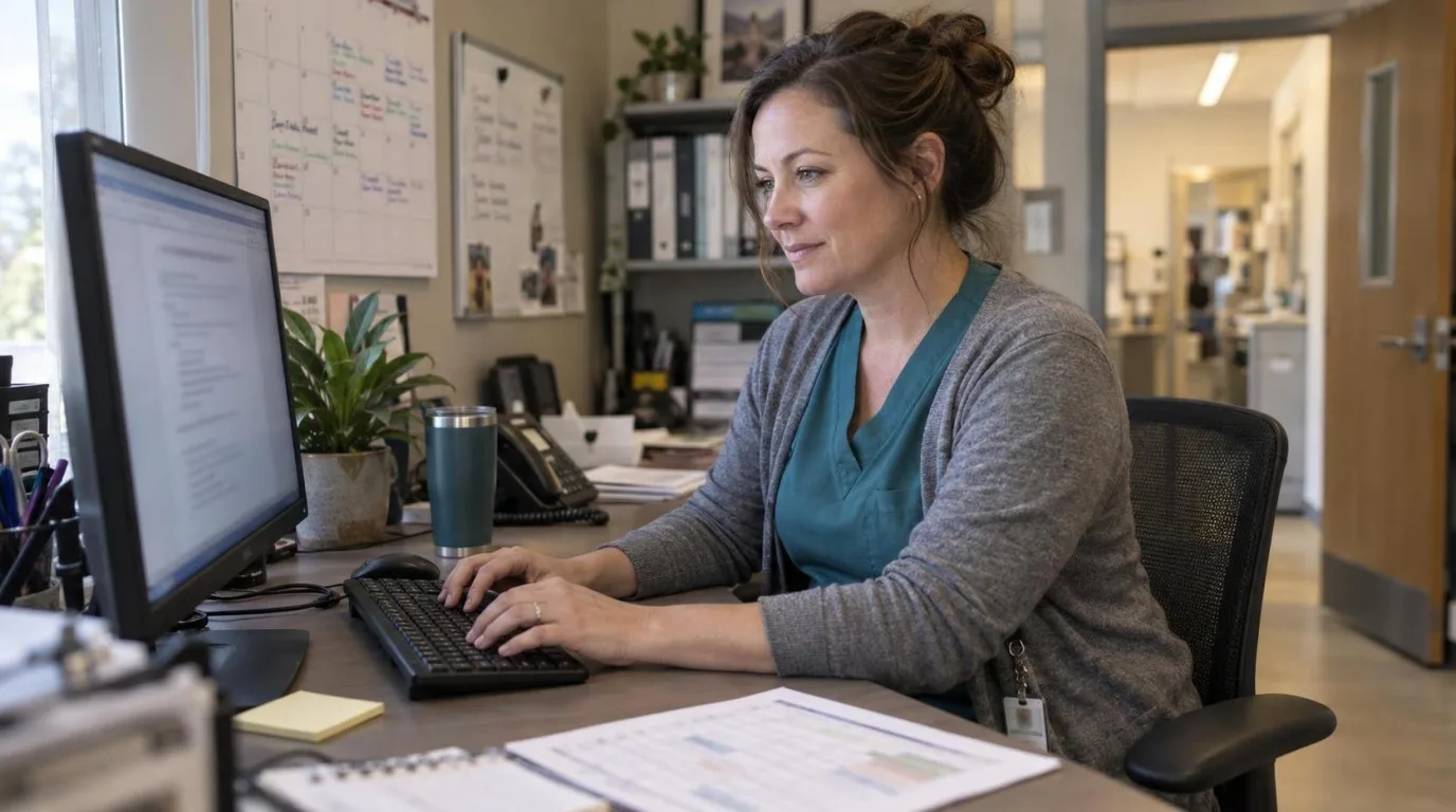 A veterinary practice manager in a teal scrub top and gray cardigan types a job posting at her desktop computer in a clinic office.