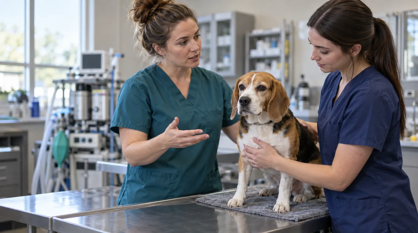 A veterinary technician in teal scrubs explains the treatment area to a candidate in navy scrubs as they steady a beagle on the table.