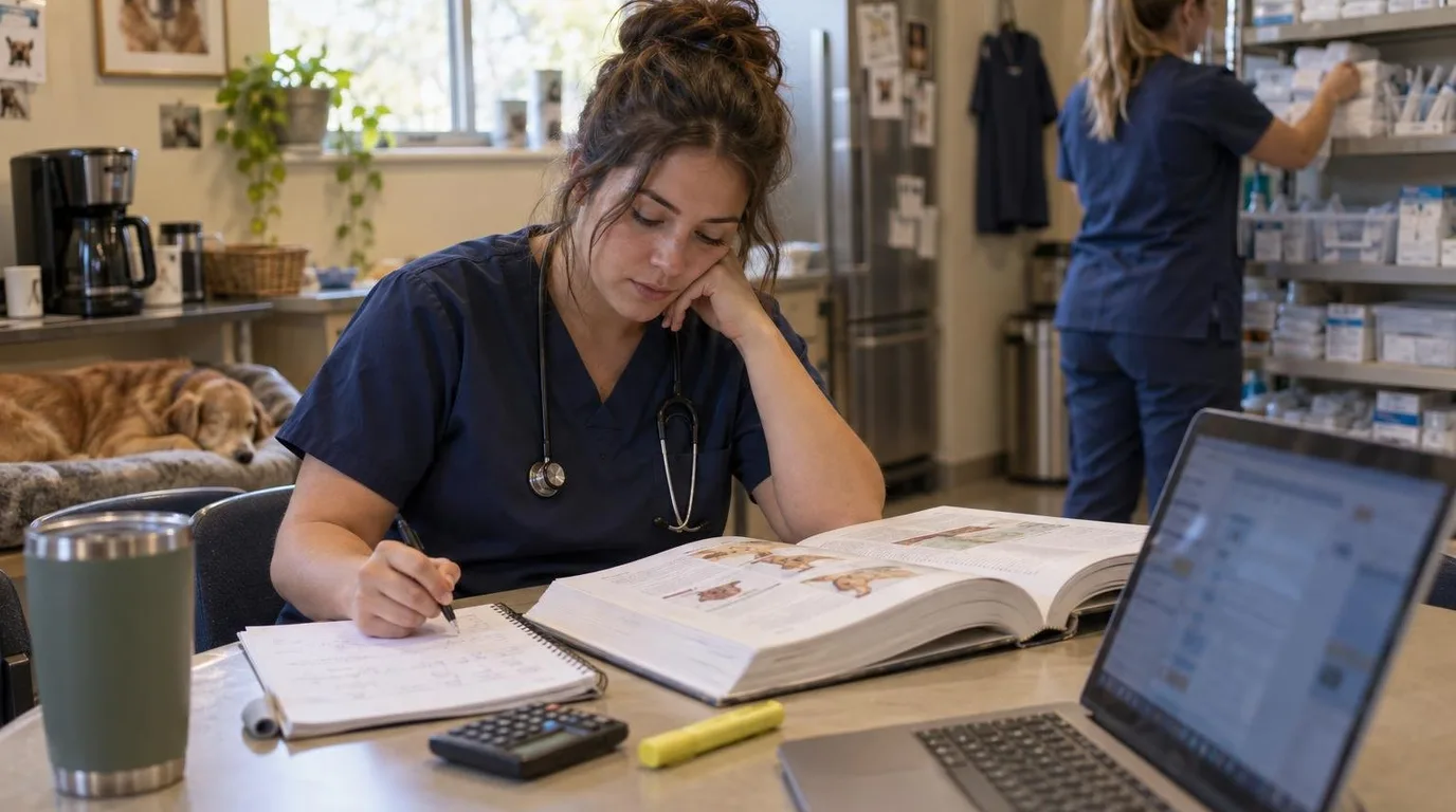 A veterinary technician student in navy scrubs works through handwritten calculations beside an open veterinary textbook, a calculator, and a laptop in a clinic break room, while a coworker restocks supply shelves in the background.