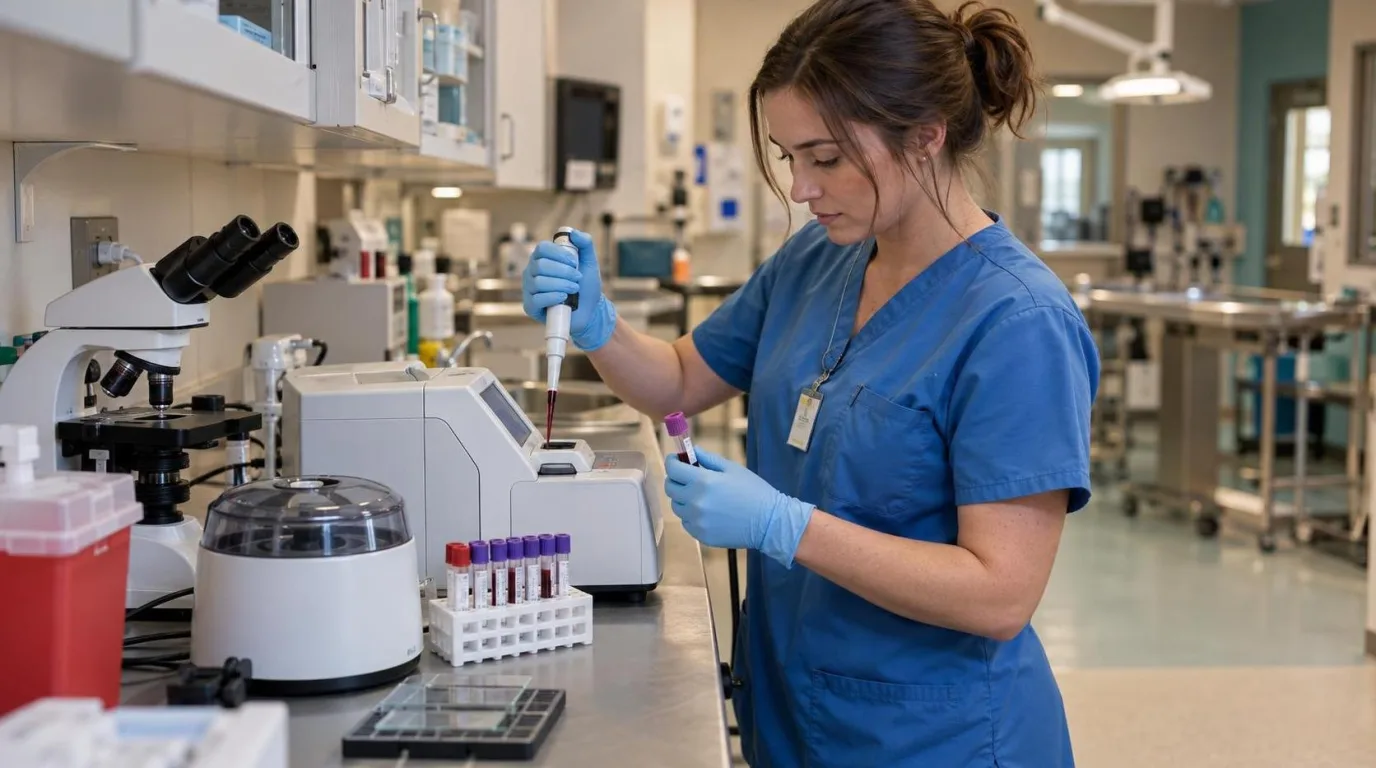 A veterinary technician in blue scrubs and gloves pipettes a blood sample into an analyzer at the in-house lab counter, next to a microscope and centrifuge.