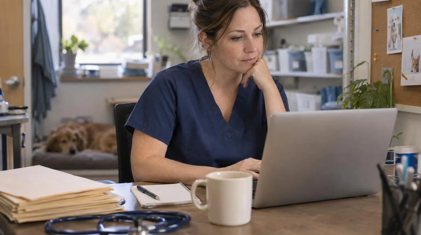 A veterinary practice manager in navy scrubs reviews job applicants on a laptop in a clinic back office, with a stethoscope and manila folders on the desk and a golden retriever resting on a dog bed behind her.