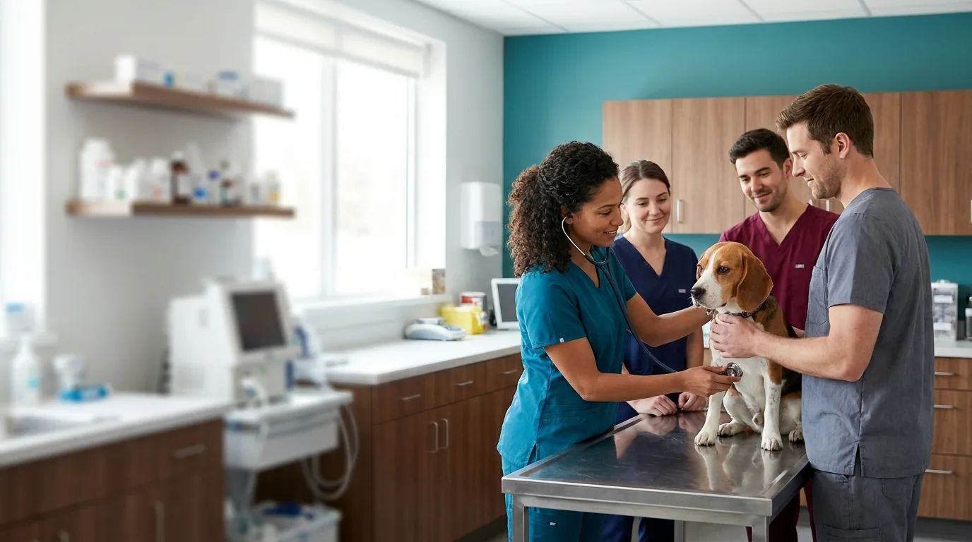 Veterinary team examining a dog in a clinic exam room