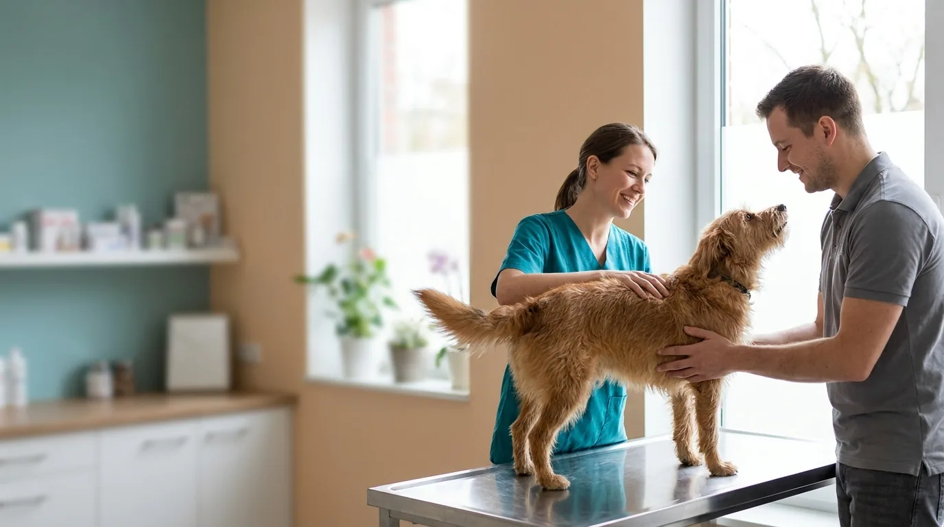 Veterinarian and vet tech examining a dog in a bright exam room