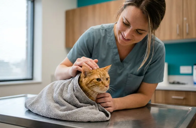 Veterinary technician comforting a cat during an exam
