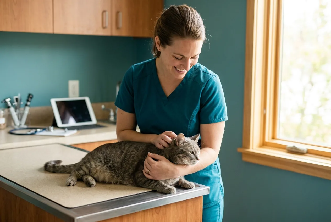 Veterinary technician holding a cat during a checkup.