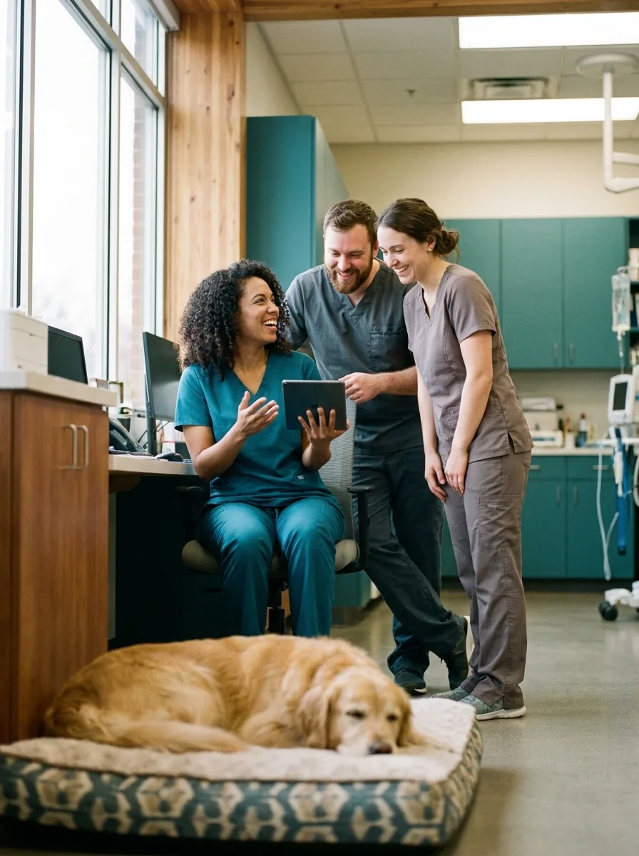 Veterinary team talking together in a hospital treatment area.